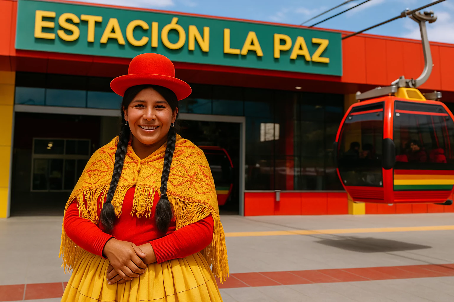 Smiling woman in traditional attire at La Paz cable car station
