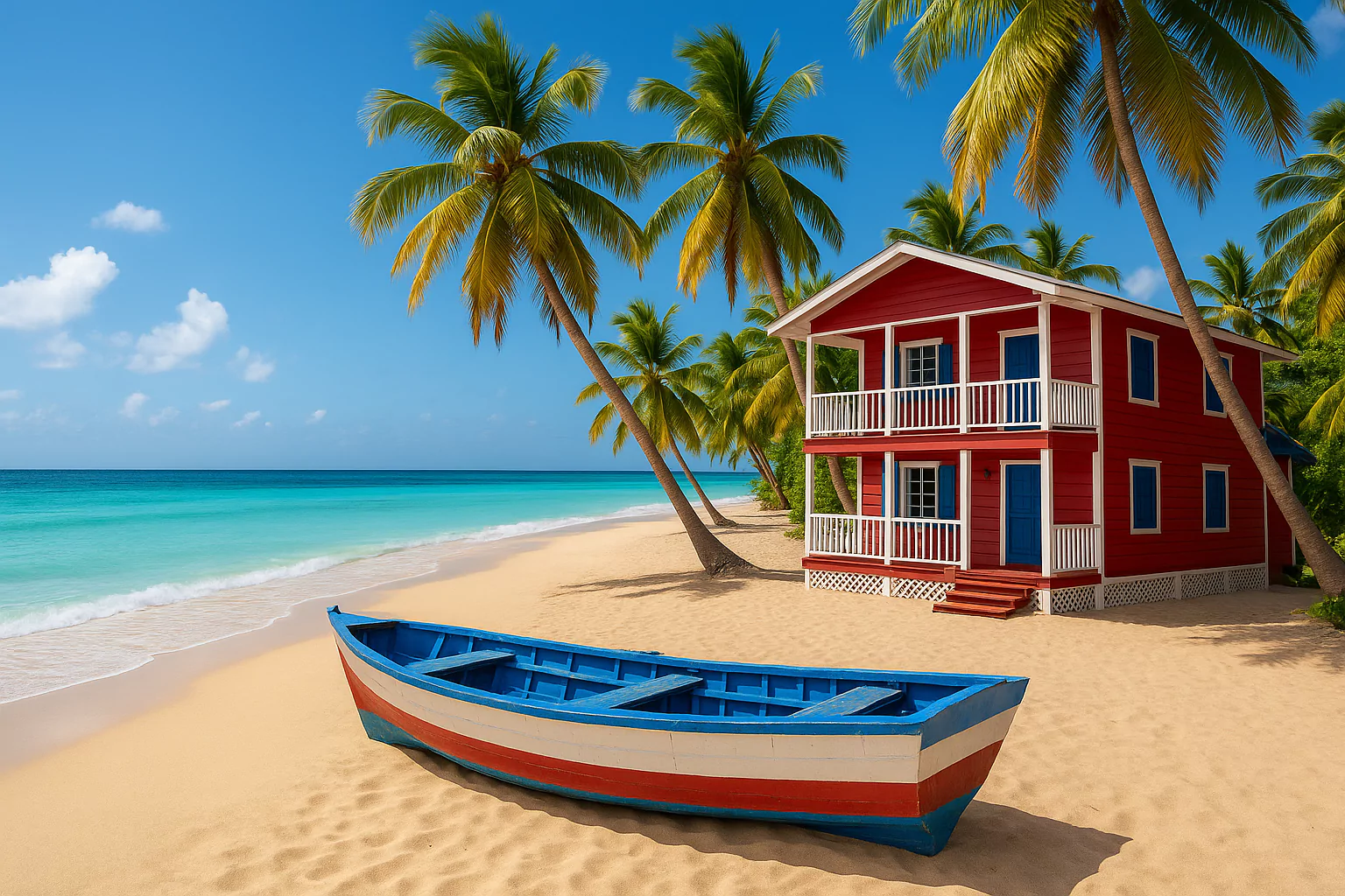 Red beach house with boat and palm trees on tropical shore