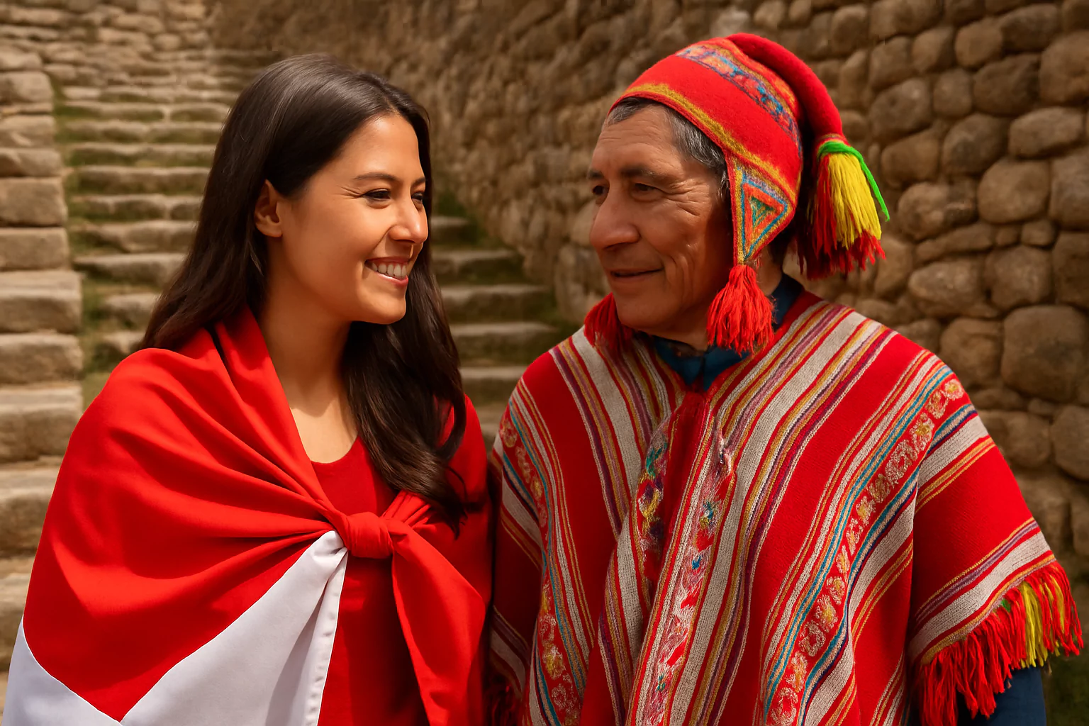 Young woman and elder man in traditional Peruvian attire smiling