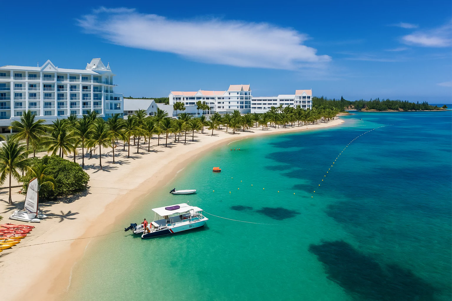 Beachfront resort in Montego Bay with white sand and turquoise water