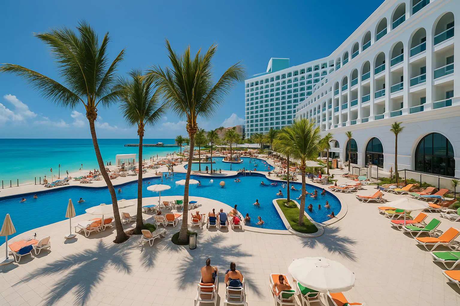 Beachfront resort in Cancun with large pool and ocean views