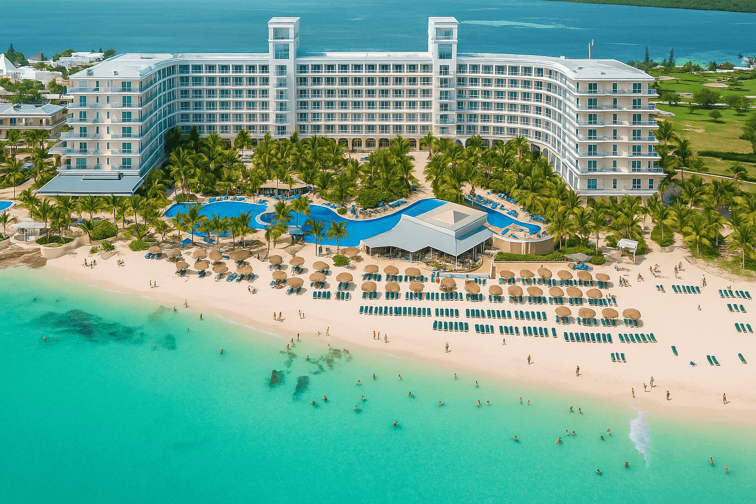 Aerial view of beachfront resort with turquoise sea and sun loungers