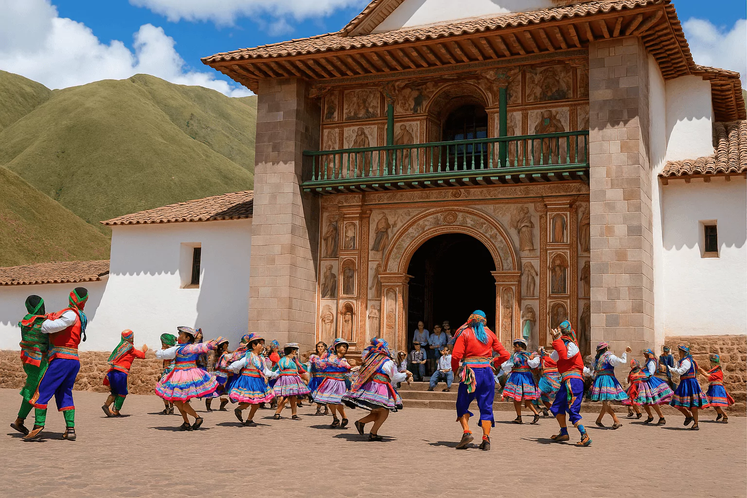 Dancers in colorful attire perform in front of Andahuaylillas Church