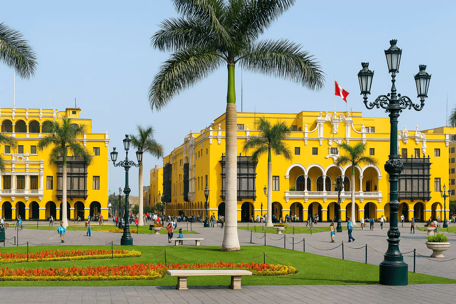Colonial yellow buildings and palm trees in Lima’s Plaza Mayor