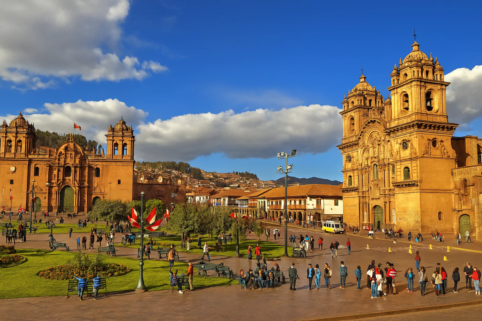 Plaza de Armas in Cusco with cathedral and people walking