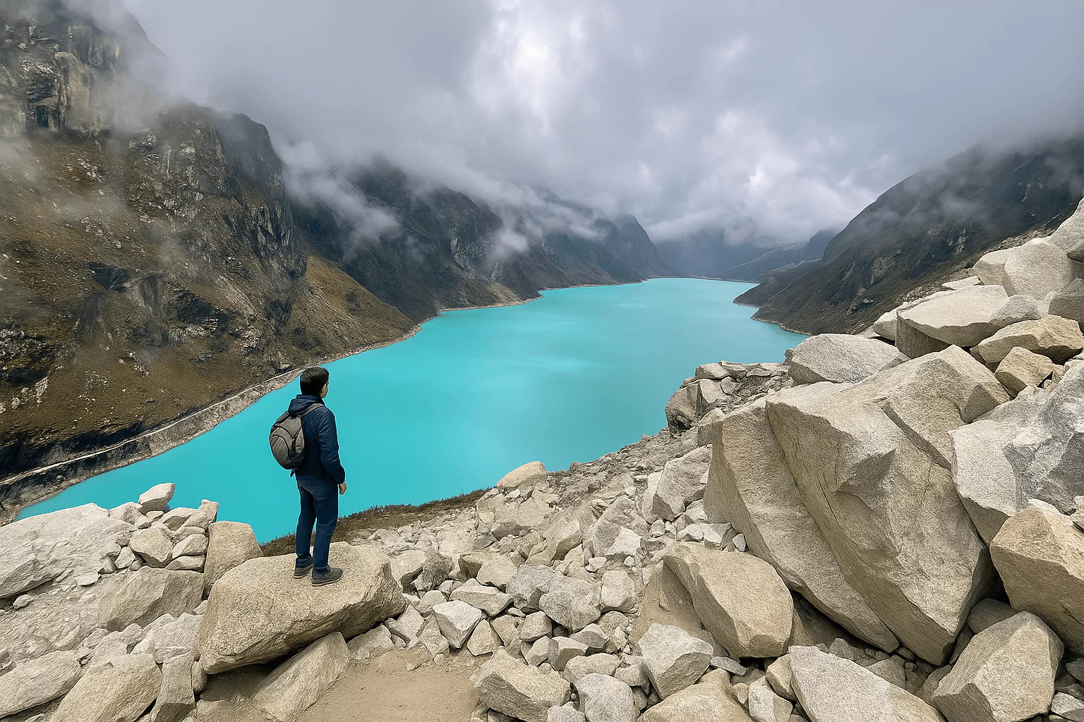 Hiker overlooking turquoise glacial lake in the Cordillera Blanca mountains of Peru