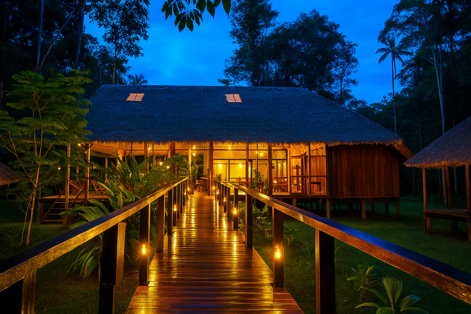 Wooden jungle lodge in the Amazon lit up during dusk