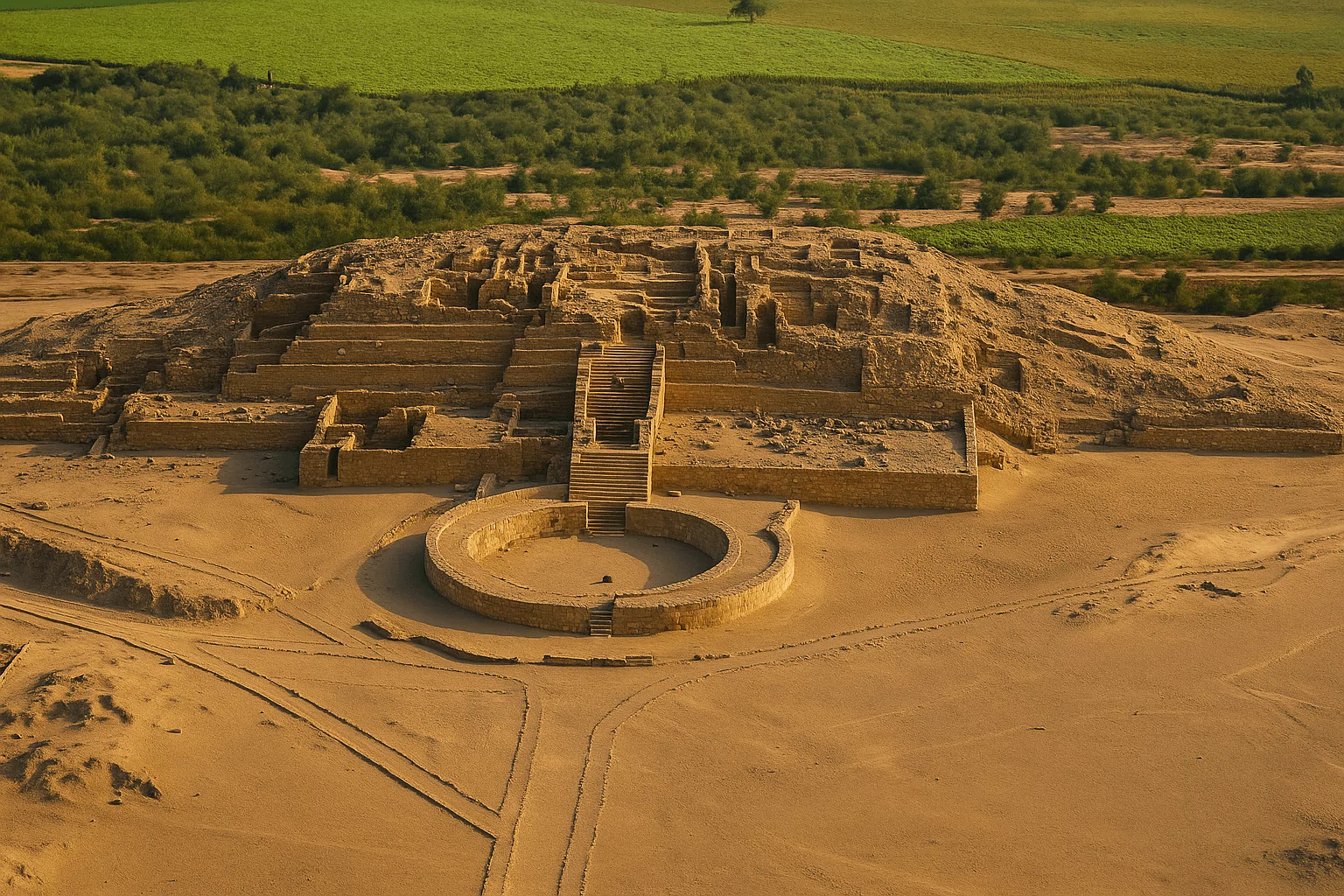 Panoramic view of Caral archaeological site in Peru