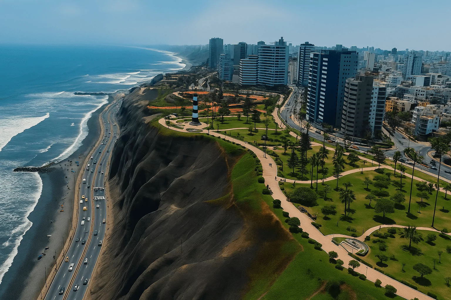 Aerial view of Miraflores cliffs and skyline along Lima’s Pacific coast
