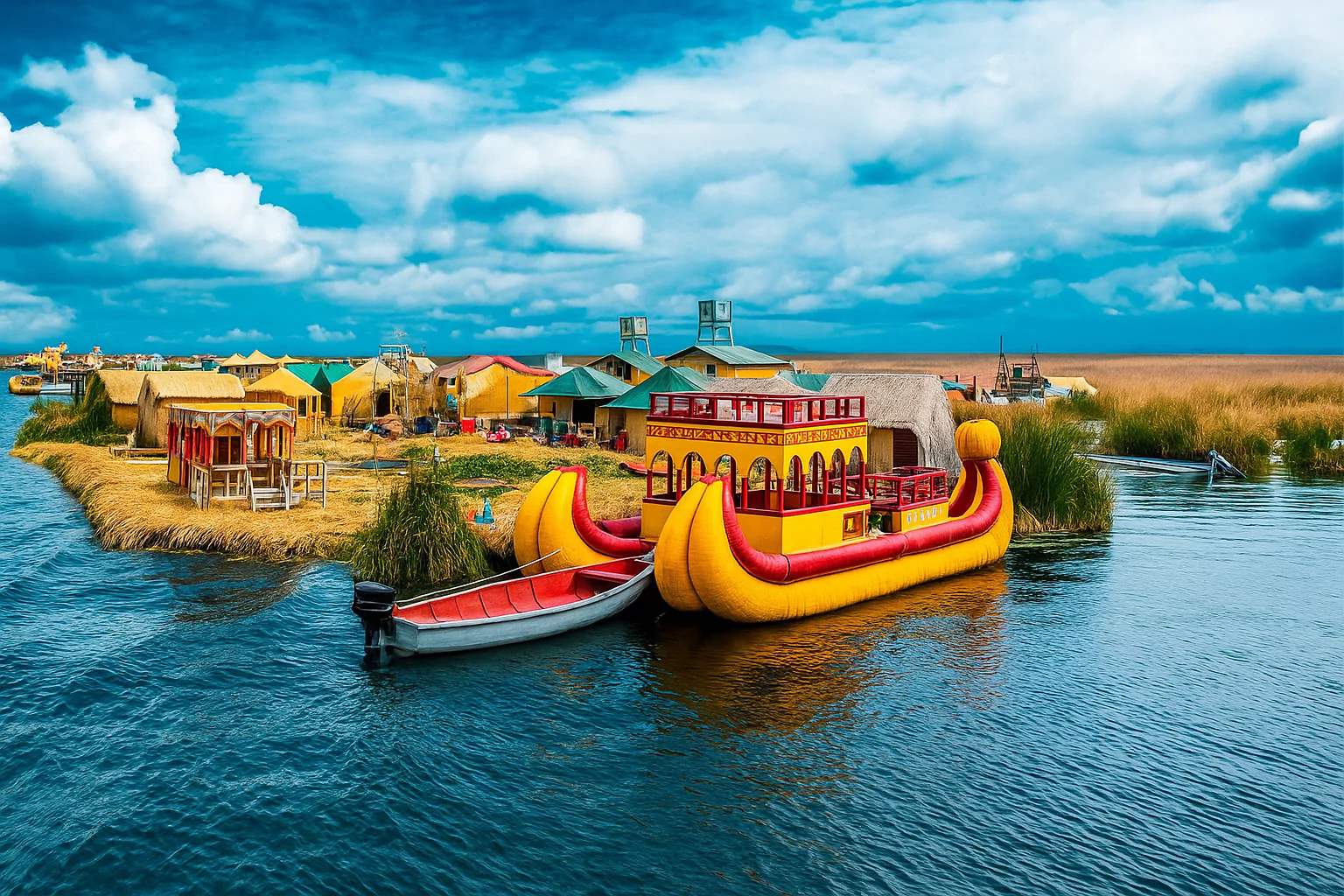 Colorful reed boat docked at Uros floating islands on Lake Titicaca