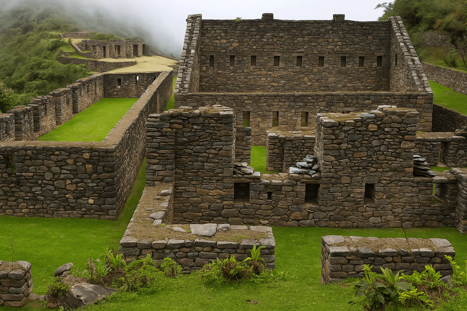 Stone ruins of Choquequirao surrounded by lush greenery and mist