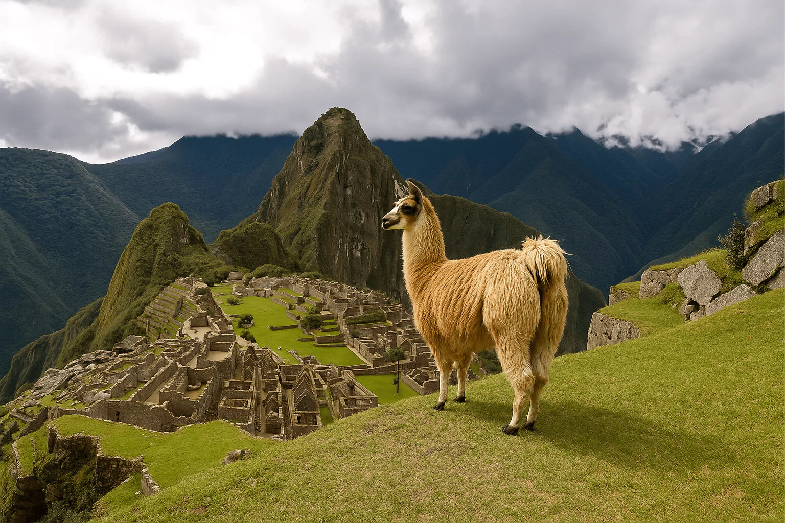 Llama standing near Machu Picchu with mountain ruins in the background