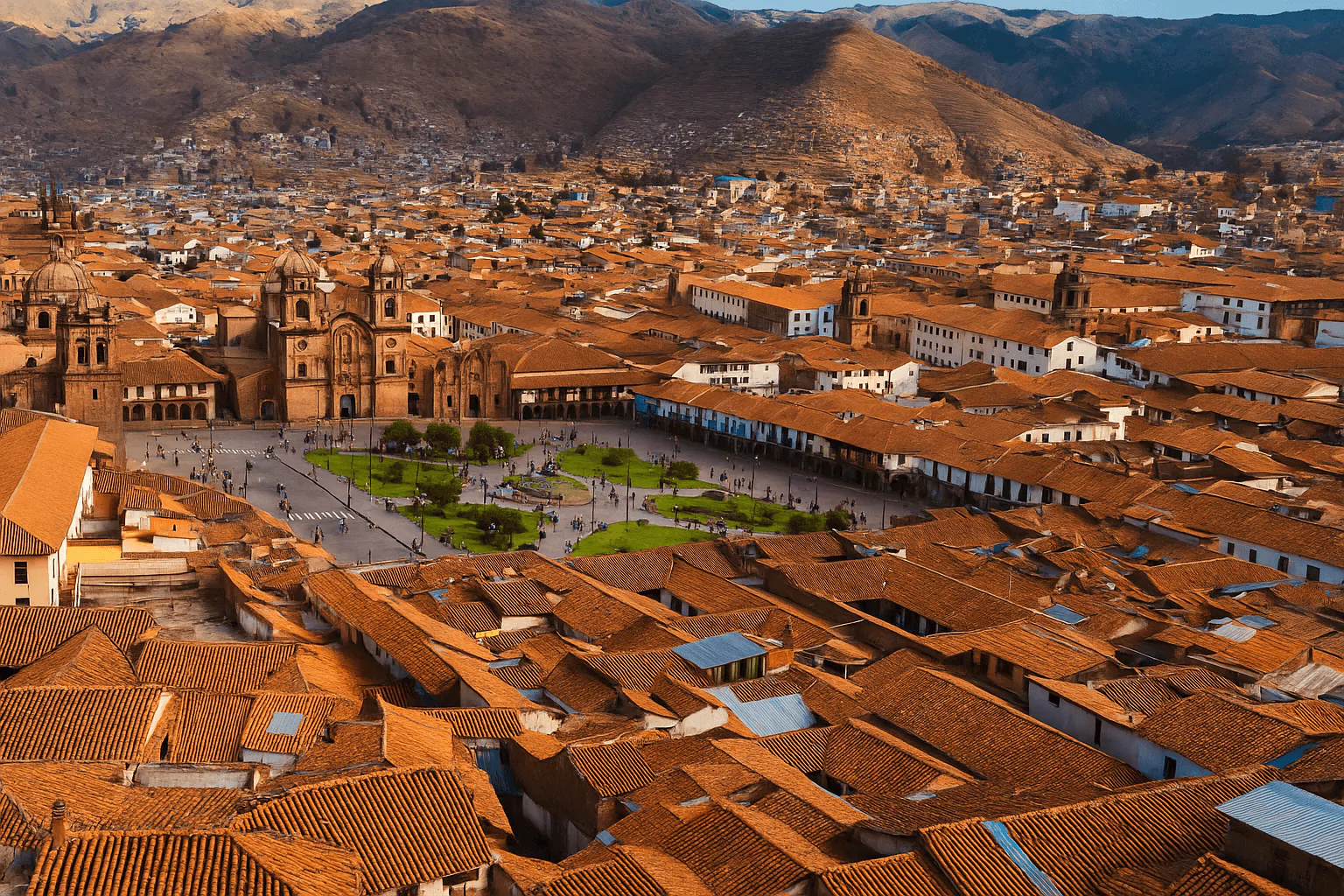 Aerial view of Cusco's Plaza de Armas surrounded by colonial rooftops