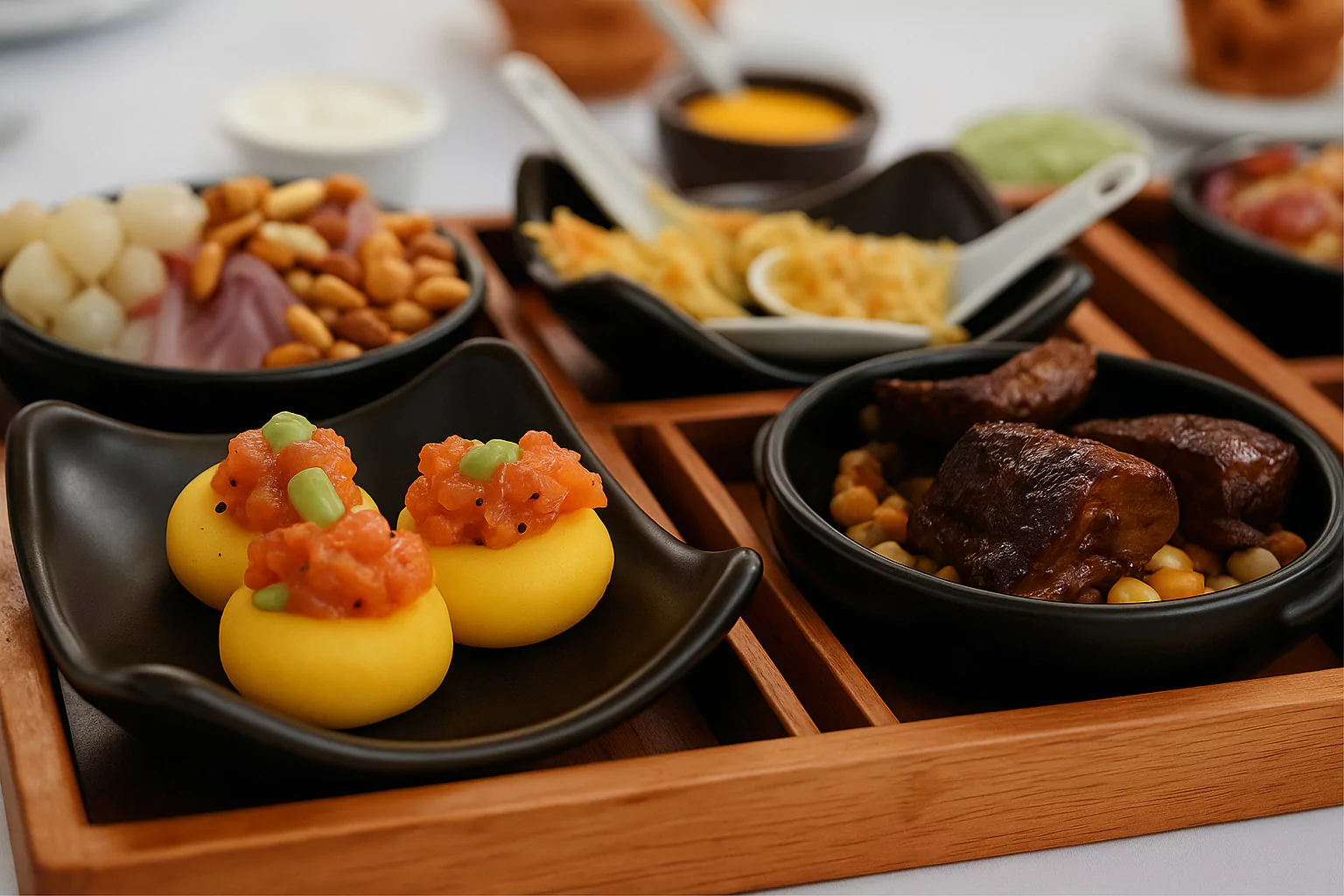 Degustation of gourmet Peruvian dishes served in a wooden tray