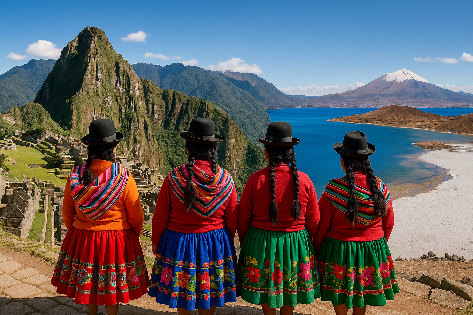 Andean women in traditional dress facing Machu Picchu and a lake