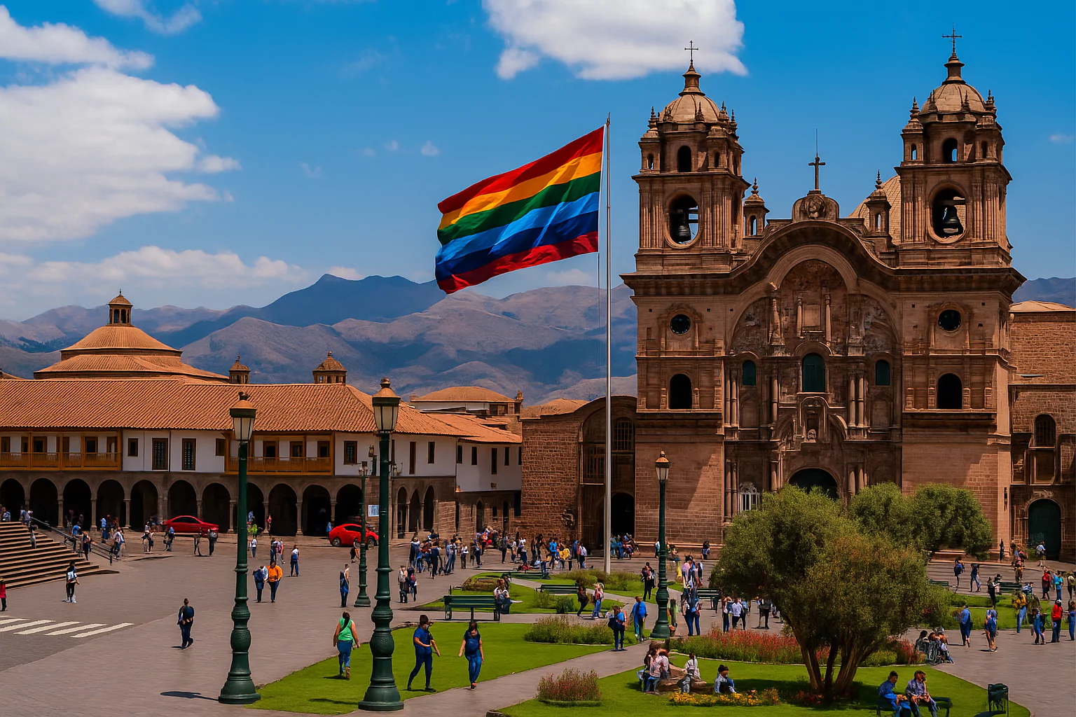 Plaza in Cusco with cathedral, rainbow flag, and people walking
