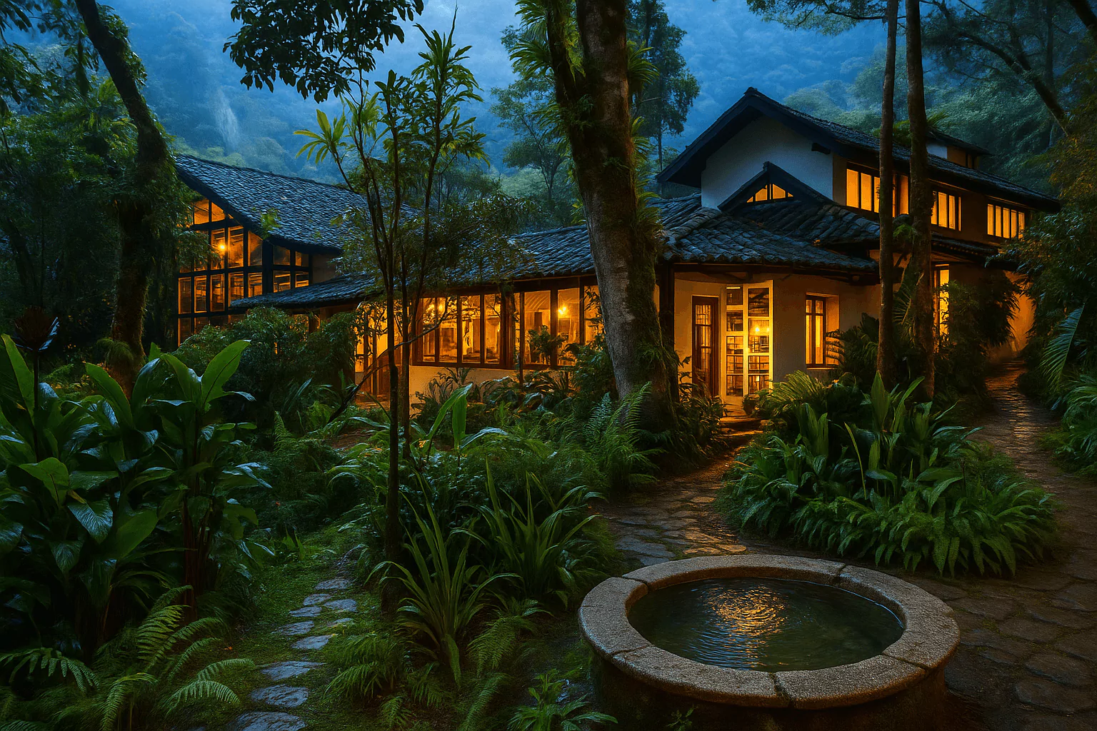 cozy rainforest lodge illuminated at night with lush tropical vegetation