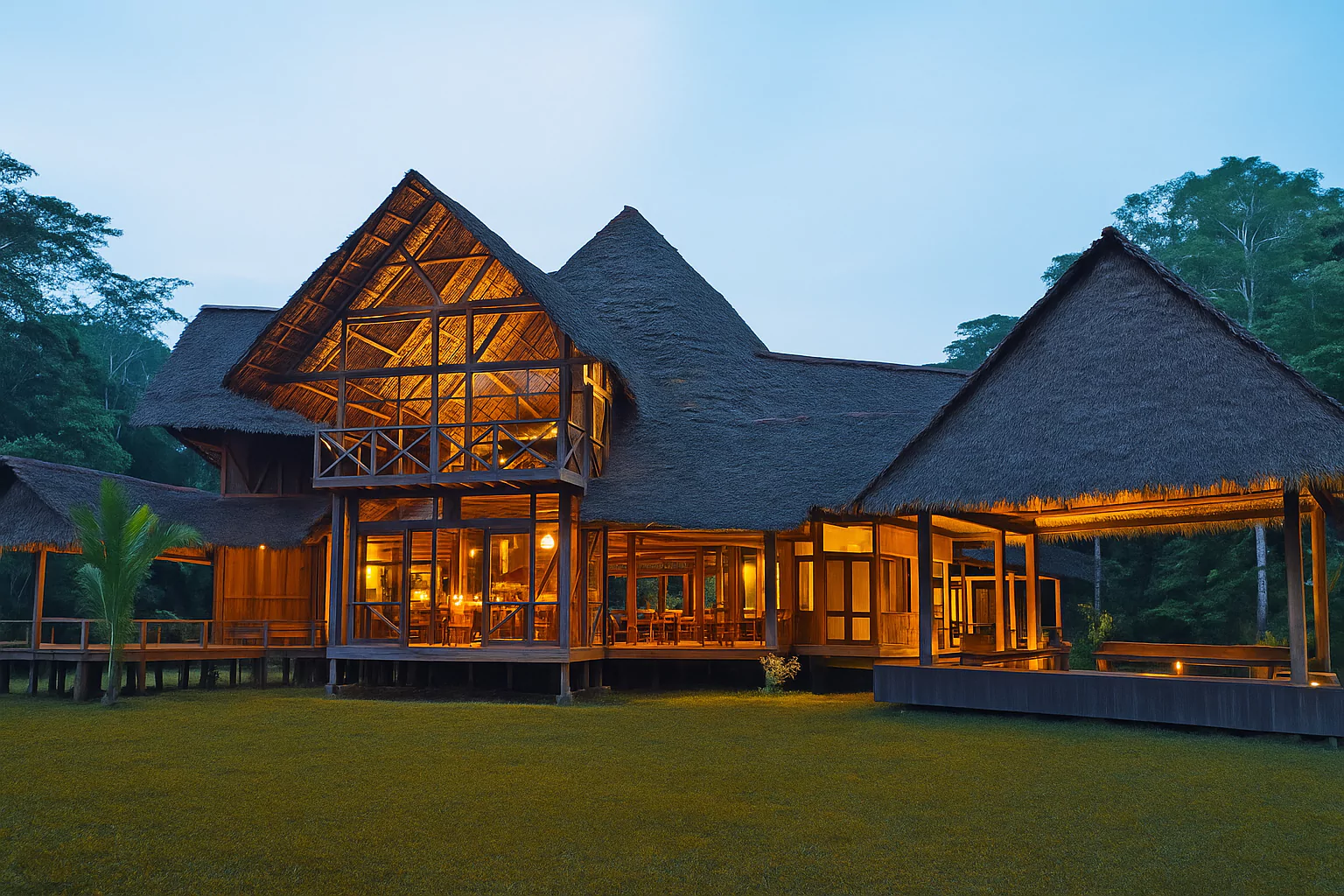 Thatched luxury lodge in the Peruvian Amazon rainforest at twilight