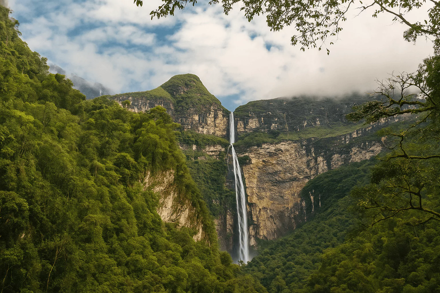 Gocta Waterfall cascading through lush green jungle in northern Peru