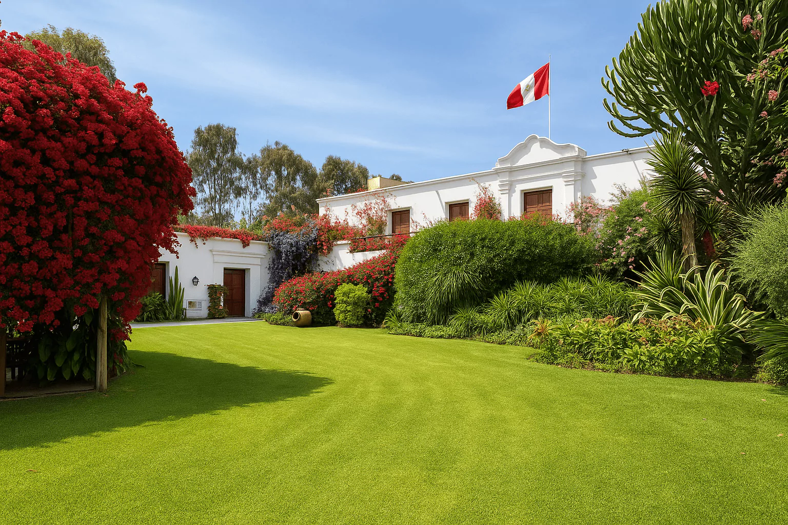 Traditional Peruvian hacienda with lush garden and national flag