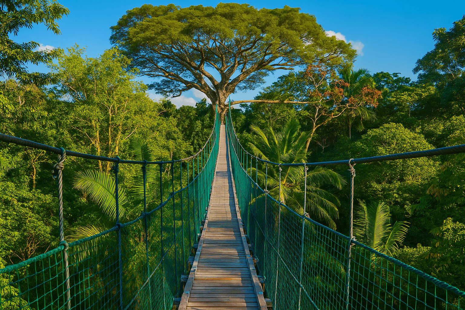 Hanging bridge in the Amazon rainforest leading to a large tree