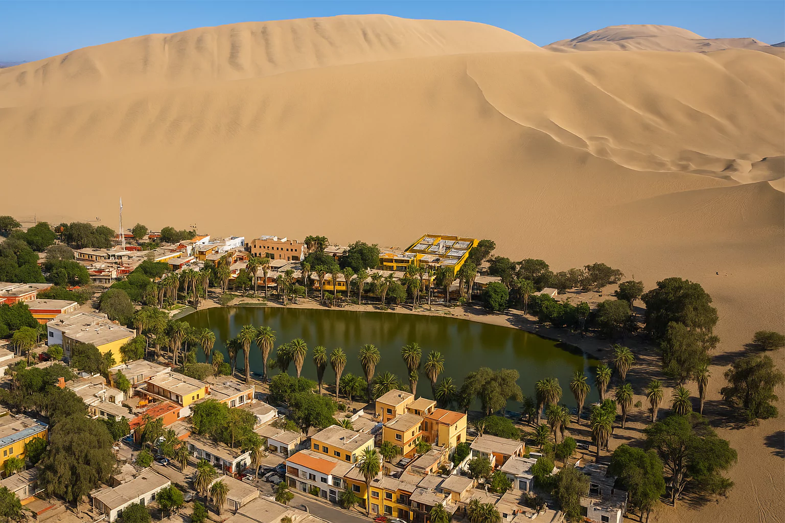 Aerial view of Huacachina oasis surrounded by sand dunes and palm trees