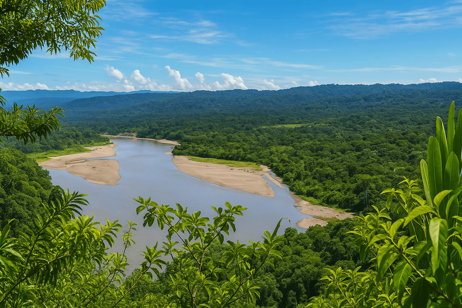 aerial view of a winding river through dense Amazon rainforest