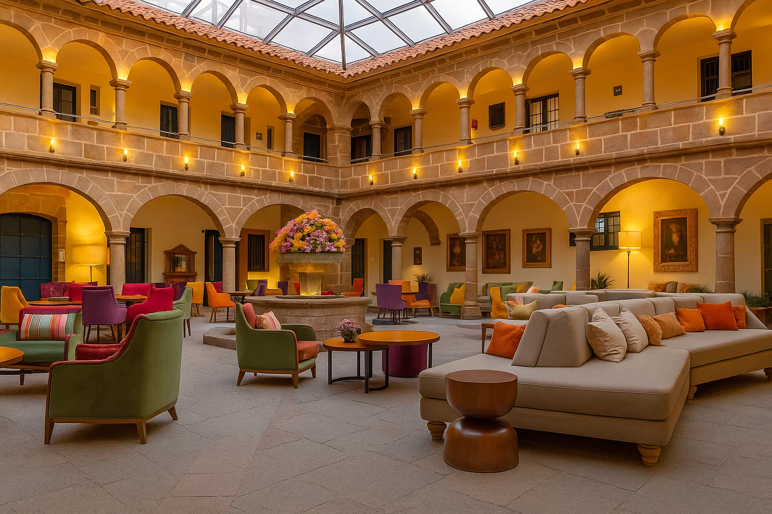 Elegant hotel courtyard with colonial arches and colorful seating