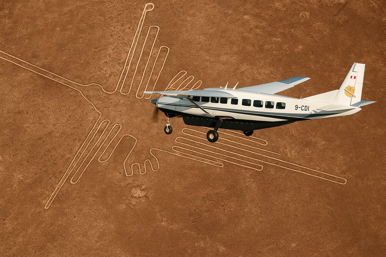 Airplane flying over the Nazca Lines hummingbird geoglyph in Peru