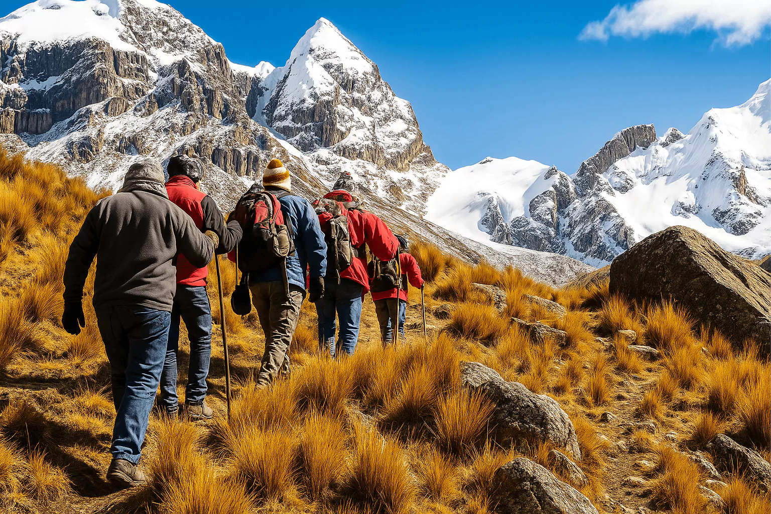 Group of hikers ascending a trail in the snow-capped Cordillera Blanca