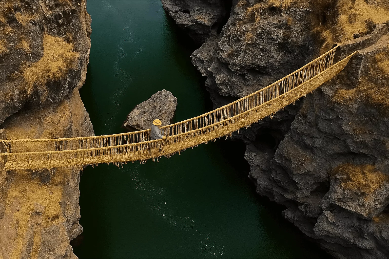 Inca rope bridge suspended over a deep green river between rocky cliffs