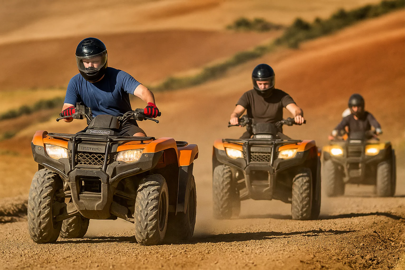 Group riding ATVs through dirt trails in the Peruvian highlands