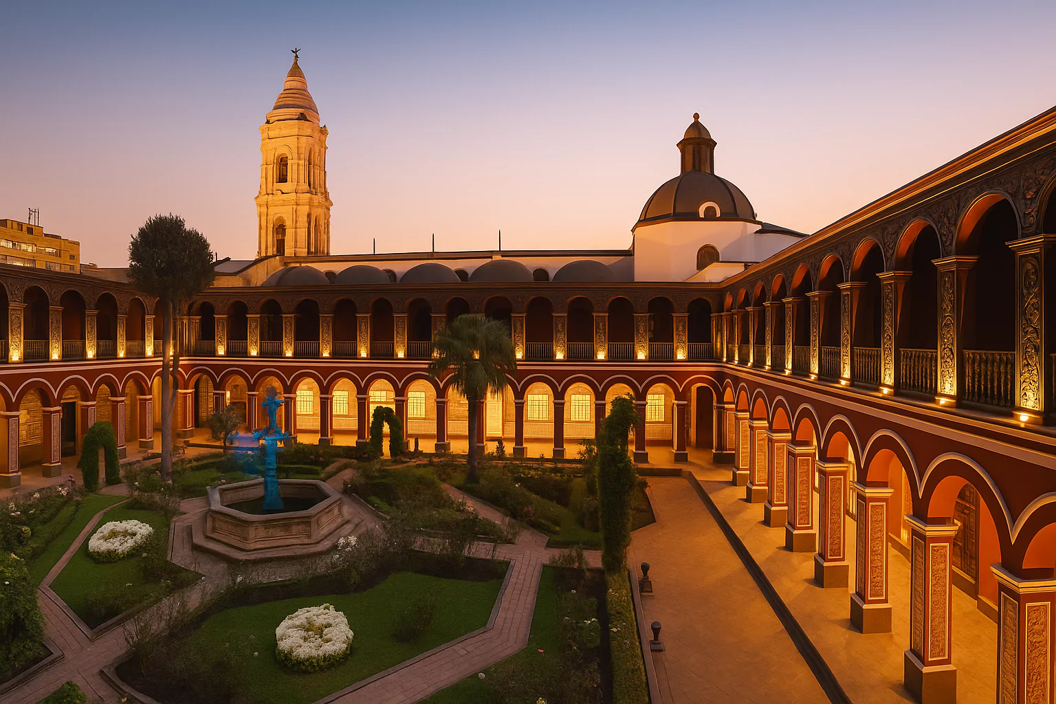 Illuminated colonial courtyard of Santo Domingo Monastery at dusk