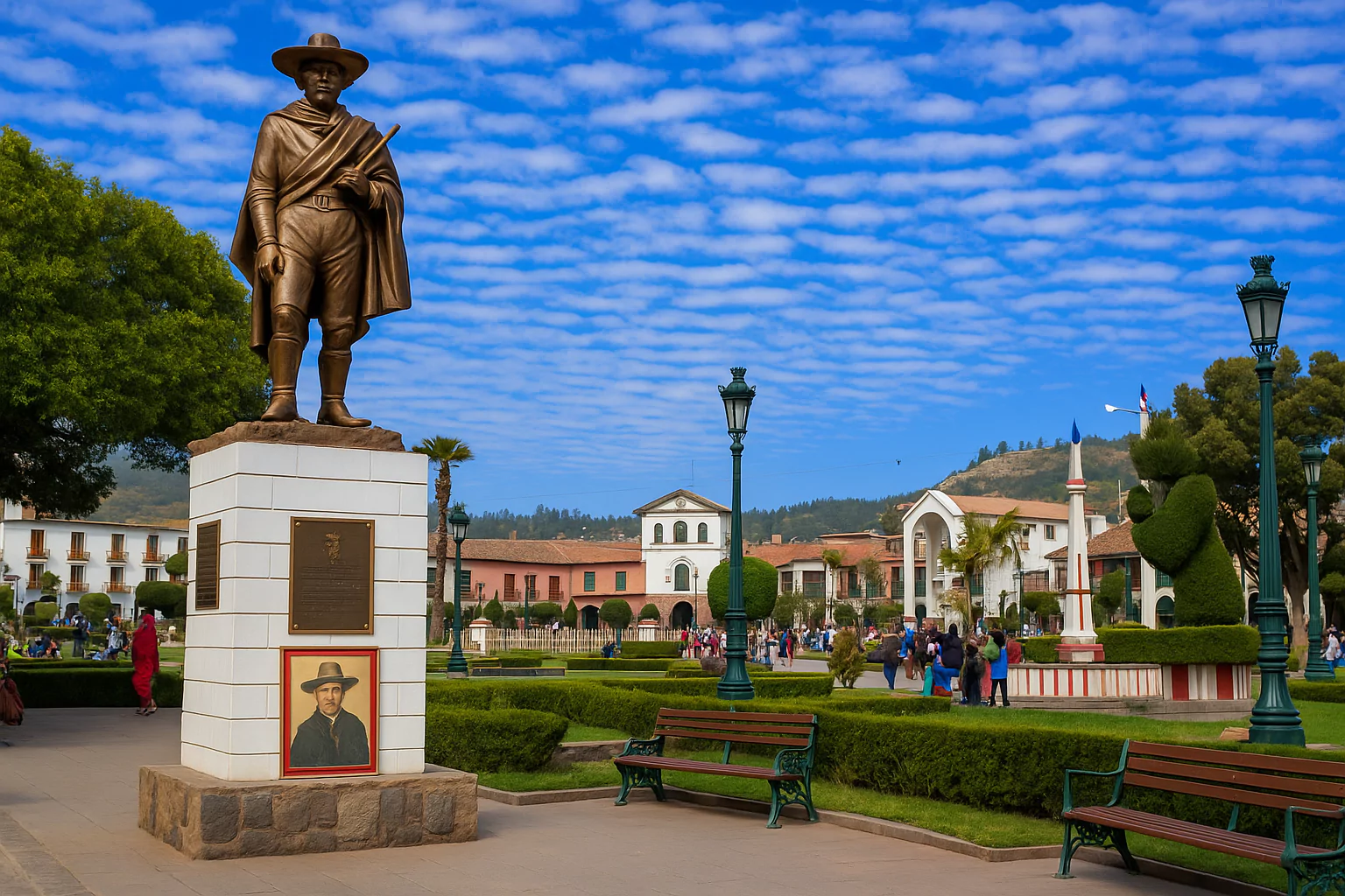 Statue in Ayacucho's Plaza de Armas with colonial buildings in the background
