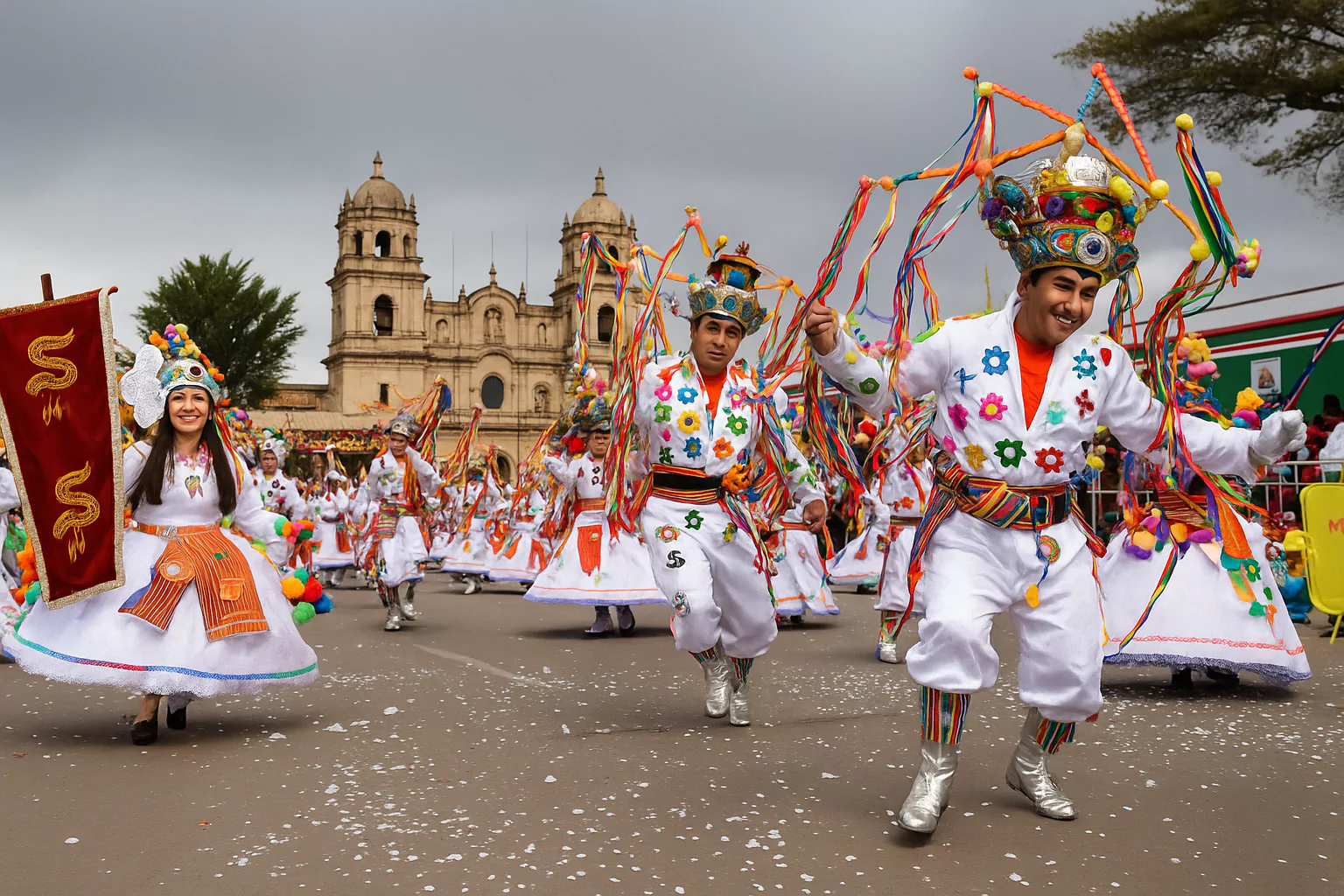 Dancers in traditional Peruvian costumes performing in a street parade