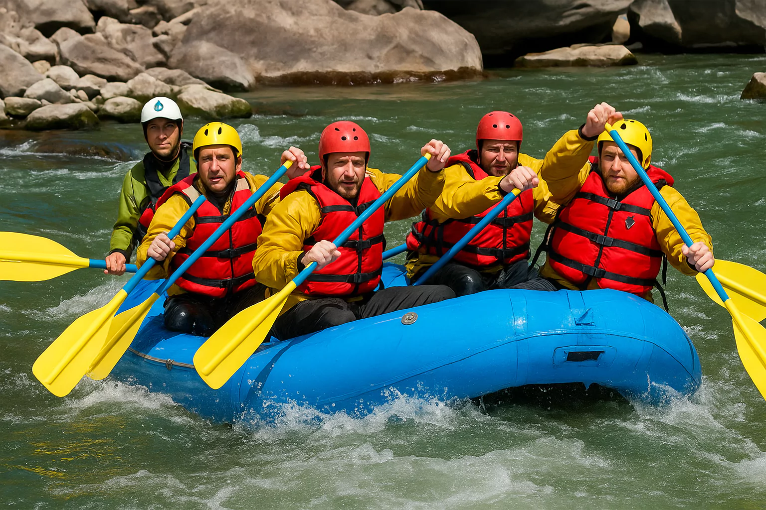 Group rafting through rapids in a blue inflatable boat wearing helmets and vests