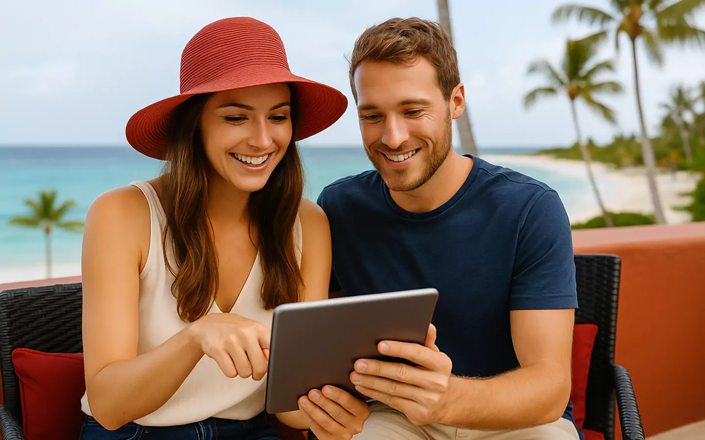 Smiling couple planning vacation on tablet at beach resort
