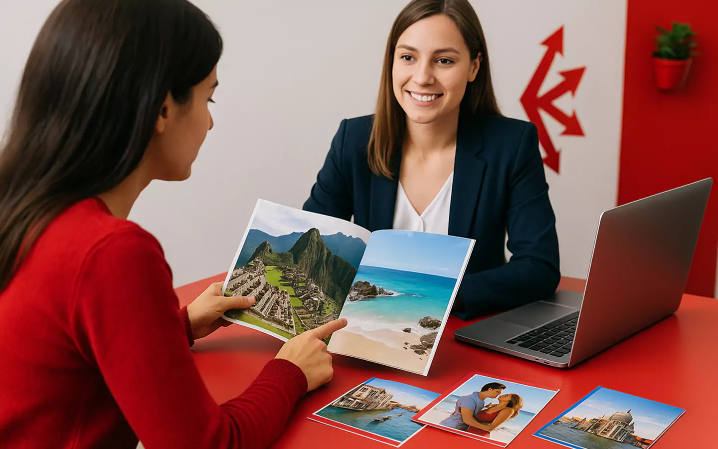 Travel agent showing vacation brochure with Machu Picchu and beach