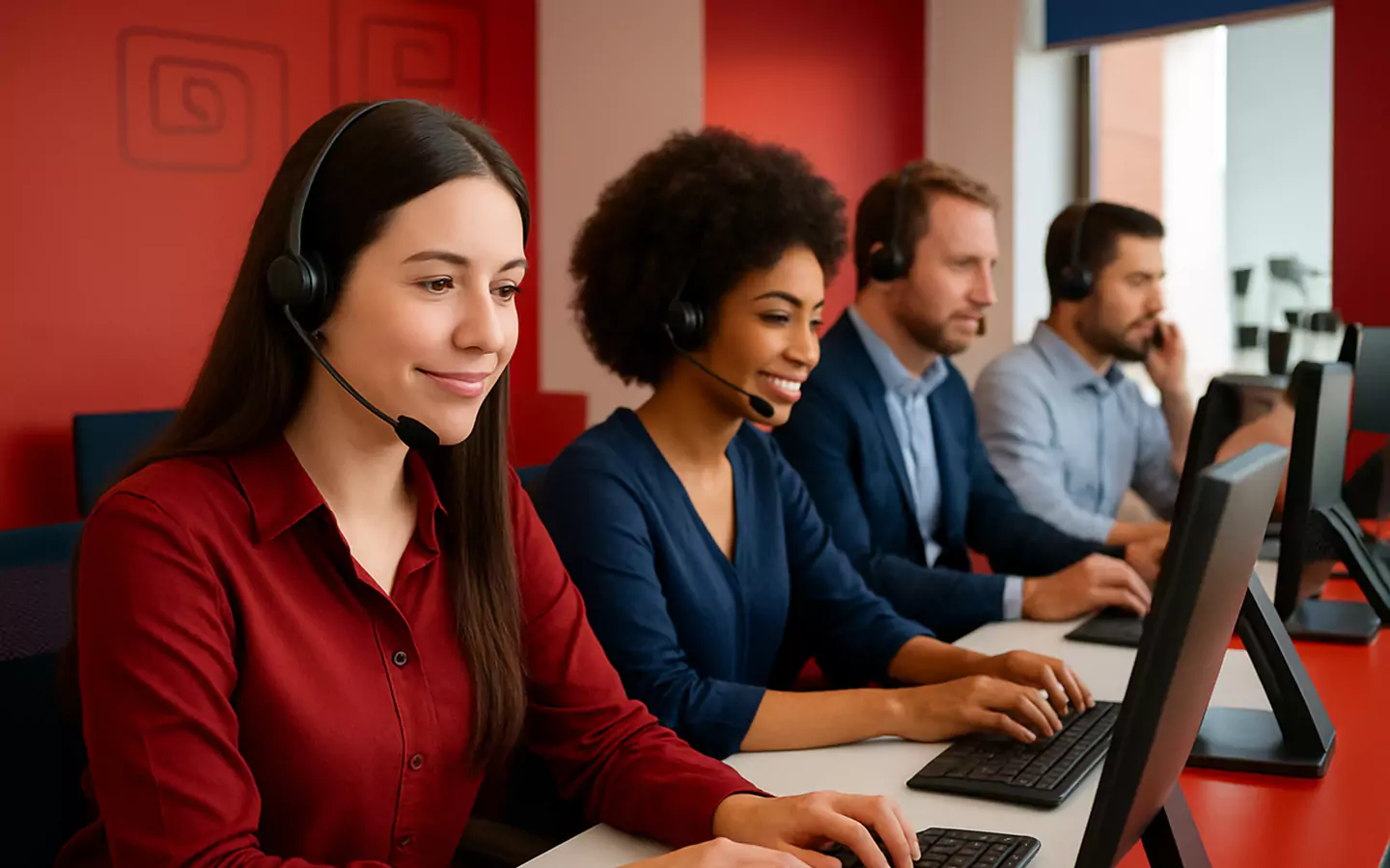 Call center agents with headsets working on computers
