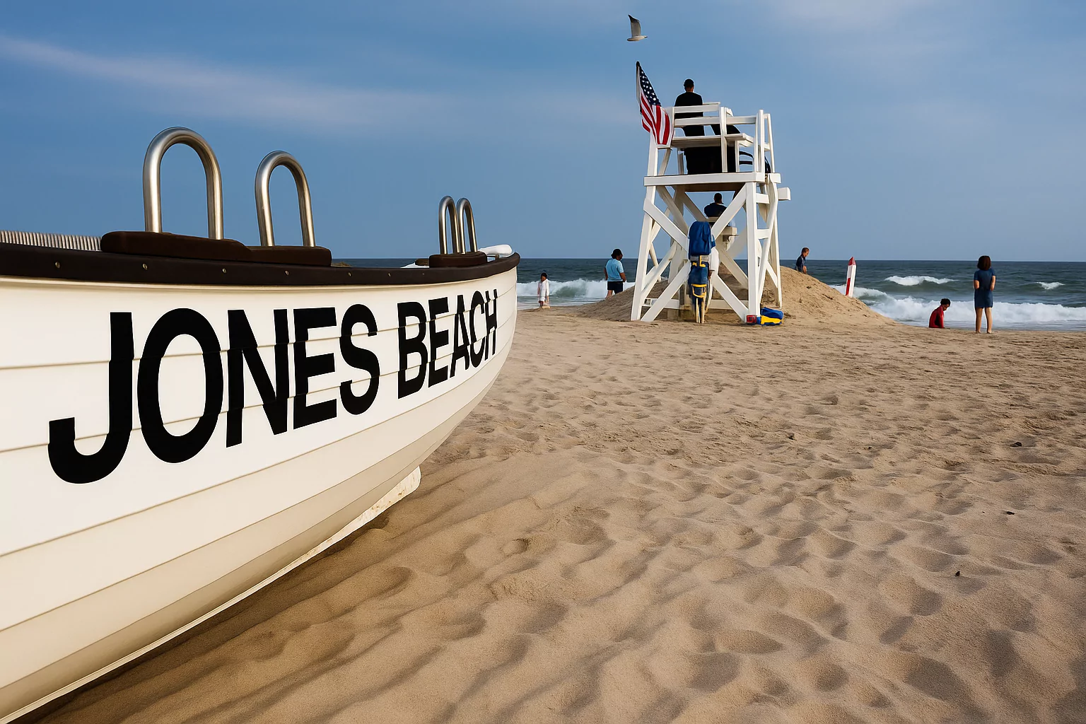 Lifeguard boat and tower on Jones Beach with ocean in background