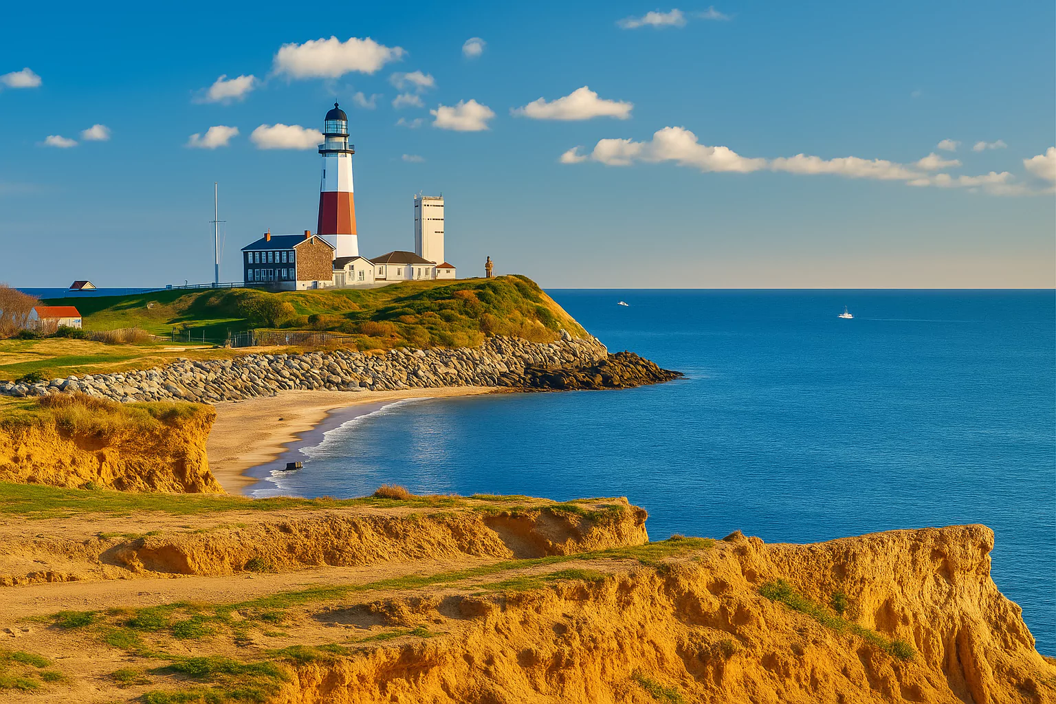 Montauk Point Lighthouse overlooking cliffs and Atlantic Ocean