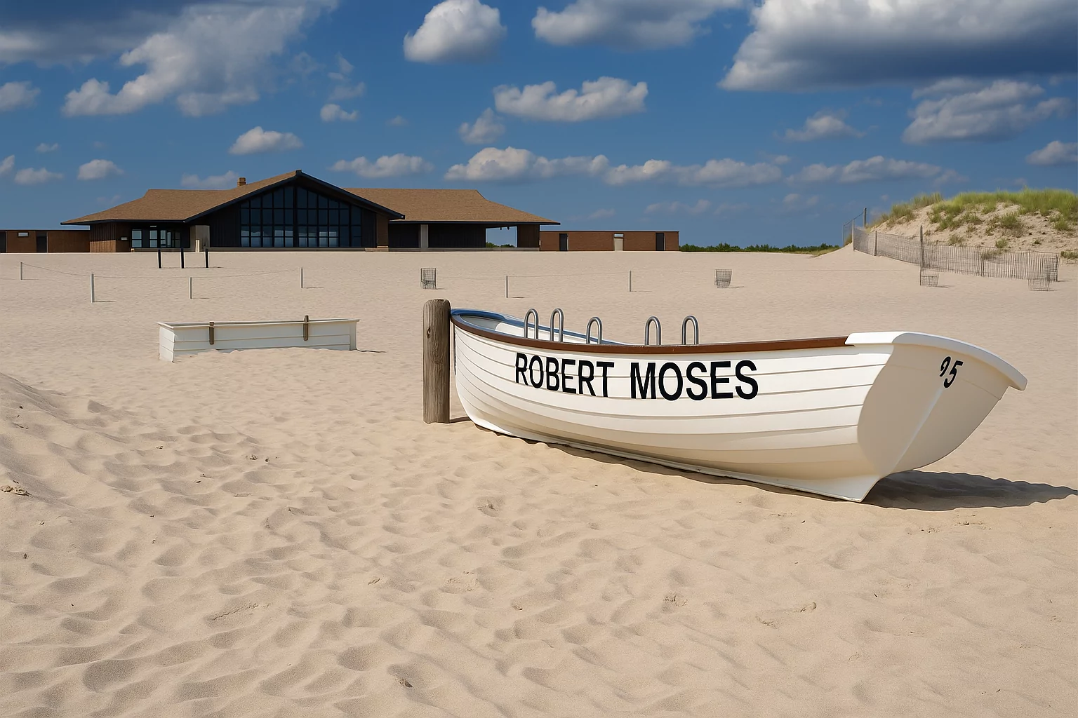 Lifeguard boat on sandy beach at Robert Moses State Park