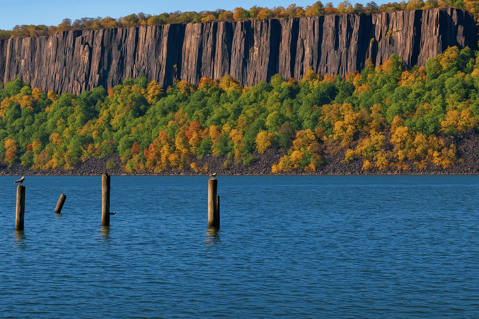 Steep Palisades cliffs rising above colorful fall trees along the Hudson River