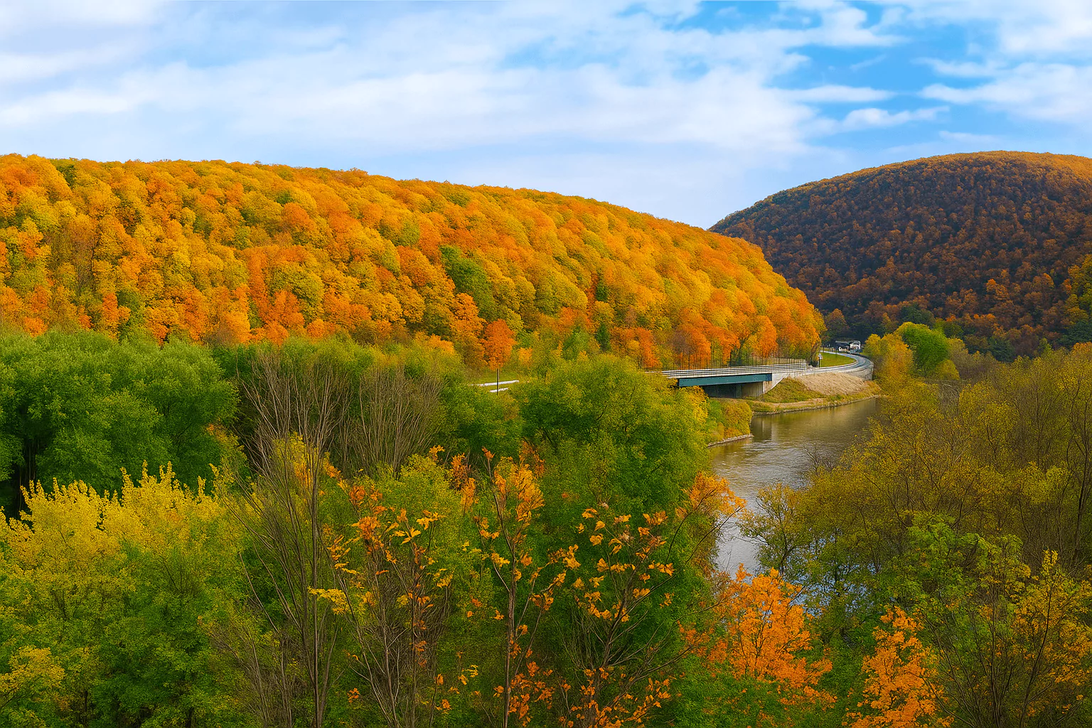 River winding through Allegheny Mountains covered in fall foliage