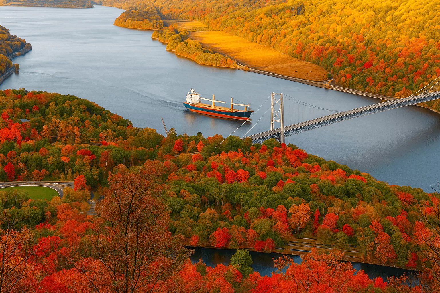 Cargo ship passing under a bridge on the Hudson River in fall