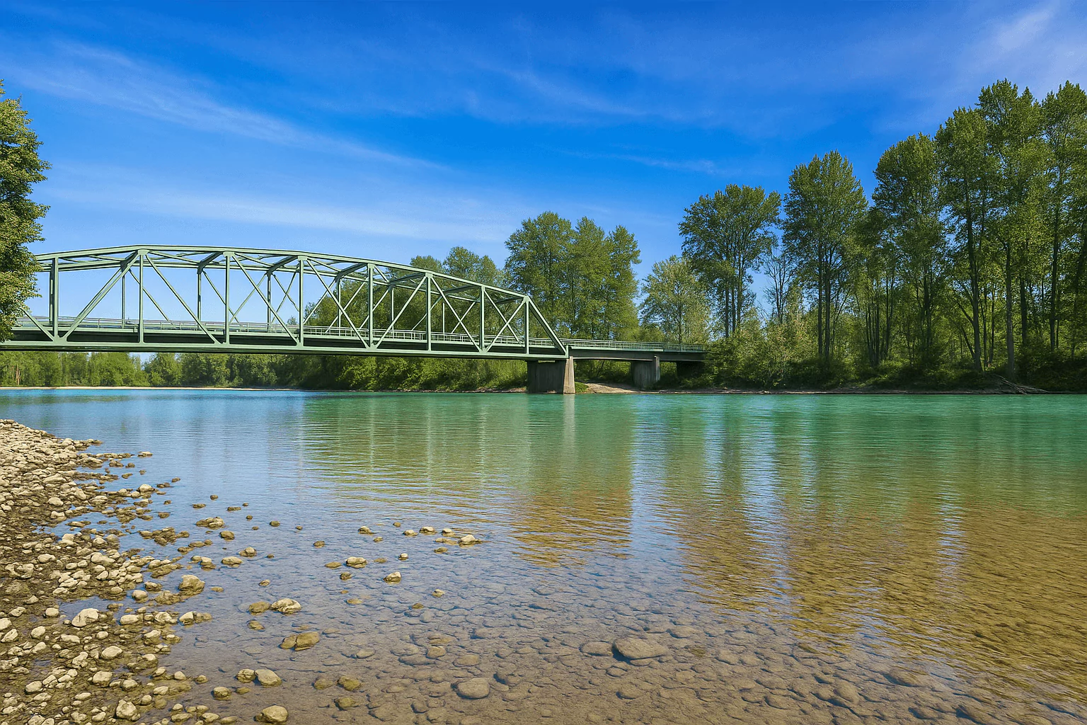 Steel bridge spanning a calm river with a pebbled shoreline