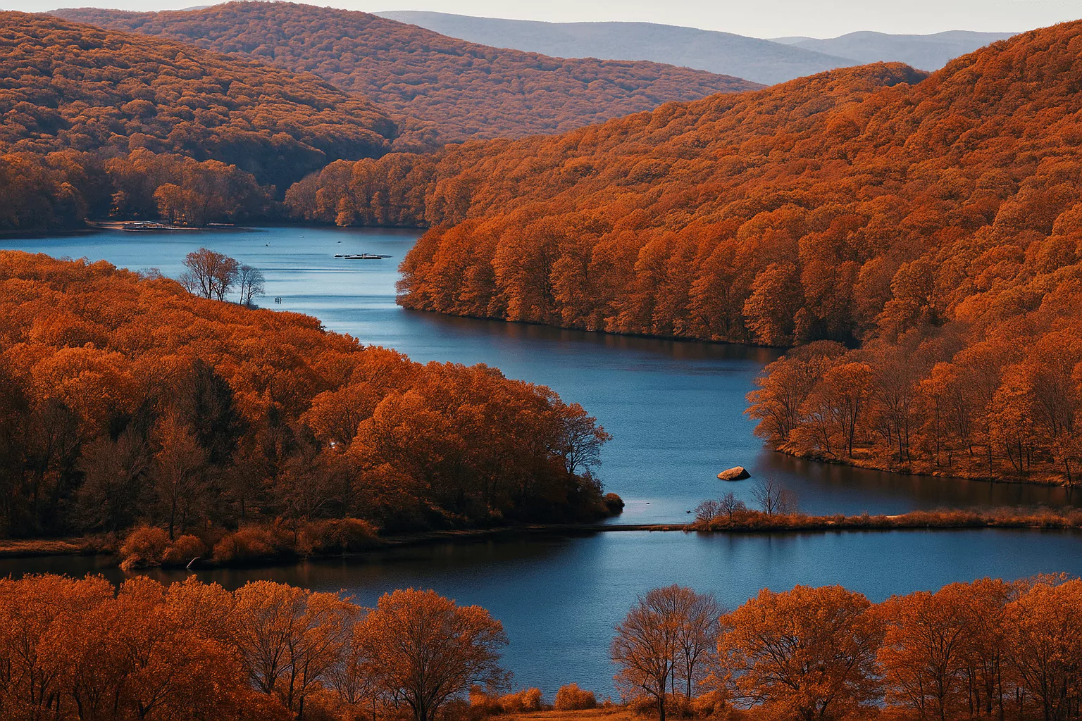 Winding river through orange autumn forest and hills