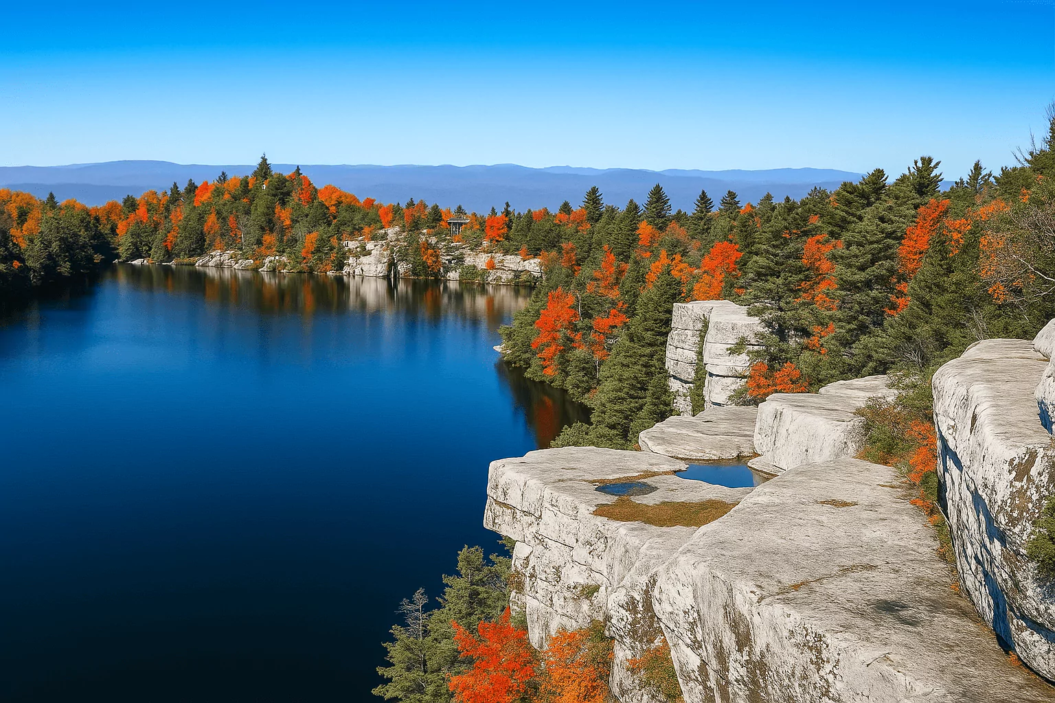 Cliffside view of Lake Minnewaska with autumn foliage and clear blue sky